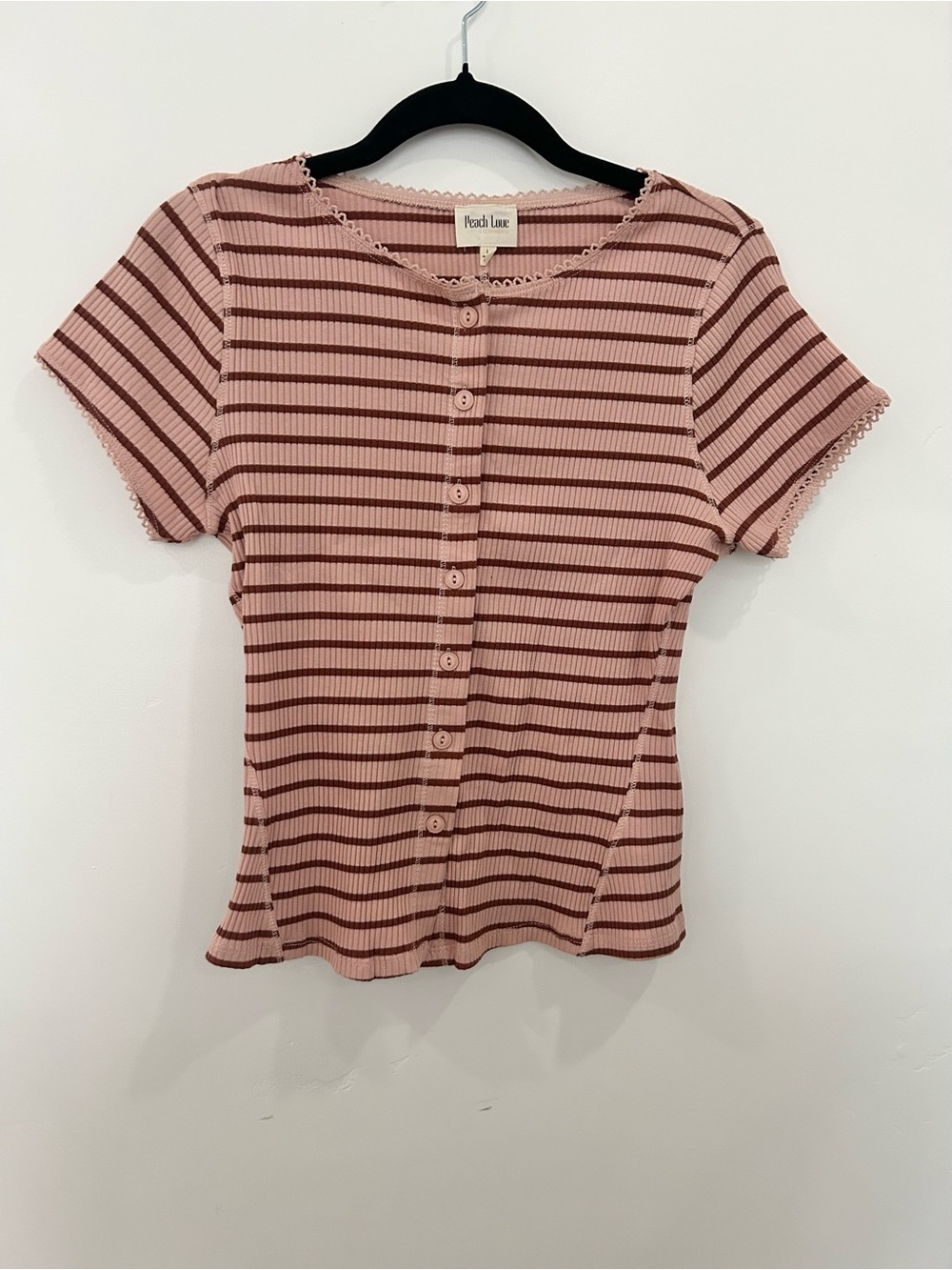 Peach Love NEW Striped Button-Front Pink and Brown Short Sleeve Top Size Large
